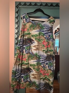 Tropical Palm Beach Print Sleeveless Dress - Blue, Green, Tan, Red
Vintage
